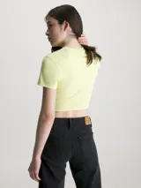 Remera cropped color amarillo pastel, de mangas cortas y cuello redondo. Presenta un panel frontal con twist.
