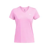 Remera deportiva Under Armour Tech para mujer, color rosa claro, con cuello en V y logo estampado en el pecho. Confeccionada en tejido UA Tech de secado rápido y corte holgado.
