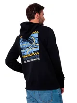 Buzo con capucha de color negro, confeccionado en tejido French Terry. Presenta un diseño gráfico estampado en la espalda con motivos de carreteras y detalles en amarillo y azul, junto con la frase 'WE BUILT THE STREETS'. Incluye bolsillo tipo canguro, puños y dobladillo acanalados.