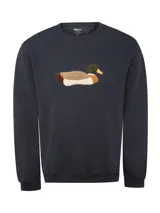 Buzo de color azul marino con cuello redondo y manga larga. Presenta un aplique de pato (mallard) en técnica chenille en el frente.