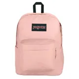 Mochila Jansport modelo Superbreak, de color rosado con etiqueta frontal de la marca. Cuenta con un amplio compartimento principal y un bolsillo delantero con cierre.