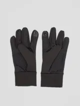 Guantes negros de poliéster con logo blanco en la muñeca.