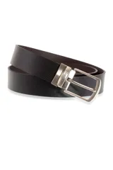 Cinto reversible Legacy de cuero, color marrón, con hebilla metálica rectangular plateada.