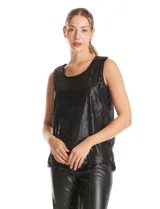 Blusa sin mangas de lentejuelas negras, con escote redondo y forro interno a tono.
