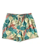 Short de baño color gris con estampado de palmeras, cintura elástica con cordón ajustable y tres bolsillos.