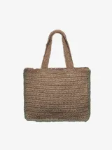 Bolso tote de yute color marrón con borde verde y asas cortas. Tiene bordado el nombre "RIO" con un tucán en la letra "R" y un loro en la letra "O".