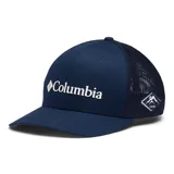 Gorra Columbia azul marino con visera curvada, diseño de malla en la parte posterior y lateral, y el logo de la marca bordado en el frente.