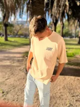 Remera de algodón color beige claro, corte relajado, con un gran estampado gráfico en la espalda que incluye un marco de patrón de damero negro y el logo 'Dropz' intervenido. Debajo del gráfico se lee 'PANTHER' y una frase motivacional sobre el poder y la resiliencia.