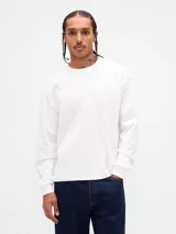 Remera de manga larga con cuello redondo, confeccionada en tejido de algodón pesado de alta densidad, con corte holgado y puños elásticos.