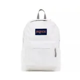 Mochila JanSport modelo SuperBreak color blanco, con compartimento principal amplio, bolsillo frontal con cierre y logo de la marca bordado en el frente.