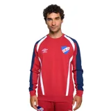 Buzo deportivo Umbro del Club Nacional de Football, color rojo con detalles en azul y blanco en los laterales y mangas. Presenta cuello redondo, puños y ruedo acanalados, con el logo de la marca y el escudo del club bordados en el frente.