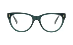Armazón de anteojos estilo cat-eye en color verde petróleo translúcido, con detalles metálicos dorados en los extremos frontales.