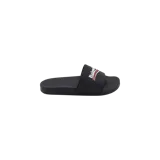 Chancletas Balenciaga de diseño slip-on, color negro con detalle de logo estampado en el empeine con líneas decorativas en blanco y rojo.