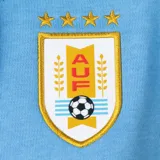 Buzo con capucha y bolsillo canguro, color celeste claro, con puños y ruedo acanalados. Presenta el logo de la Asociación Uruguaya de Fútbol (AUF) bordado en el pecho izquierdo y el logo de Nike en el pecho derecho.