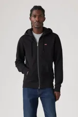 Buzo hoodie negro con cierre frontal, bolsillos laterales y logo de Levi's bordado en el pecho.