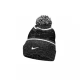 Gorro de lana Nike Peak, negro con rayas horizontales blancas y pompón en la parte superior. Logo de Nike bordado en blanco en el frente.
