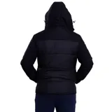 Campera inflada negra con capucha desmontable, cierre frontal y bolsillo con cierre en el pecho. Presenta un diseño acolchado y logo estampado en el frente.