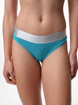 Bombacha tipo colaless de algodón, con cintura elástica ancha en color plateado y cuerpo en color turquesa.