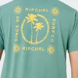 Remera Rip Curl de manga corta y cuello redondo en color verde, con pequeño estampado circular en el pecho que incluye palmeras y la inscripción "Rip Curl".
