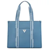 Cartera Guess modelo Jackie Denim, de color celeste con acabado texturizado. Cuenta con doble asa de hombro con tiras decorativas estampadas con el logo de la marca, bolsillo frontal y detalle del logo triangular metálico en el centro.