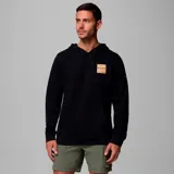 Buzo tipo canguro con capucha ajustable y bolsillo frontal, color negro, con parche cuadrado en el pecho que incluye el logo de la marca.