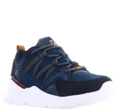 Championes deportivos Topper modelo Chalpa M, color azul marino con detalles en negro, beige y un toque de rojo en el talón. Presentan una combinación de malla y material sintético, con cordones jaspeados y suela blanca de plataforma.