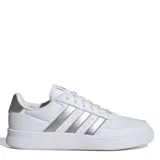 Championes Adidas modelo Breaknet 2.0, de diseño urbano en color blanco con las icónicas tres tiras laterales en color plateado metalizado y detalle en el talón a juego.