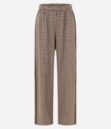 Pantalón recto de sastrería con cintura elástica y estampado de cuadros en tonos marrón y beige.