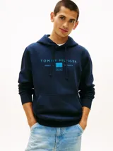 Buzo con capucha y cordón ajustable Tommy Hilfiger, color azul marino, con bolsillo tipo canguro y logo impreso en el pecho en tono celeste.