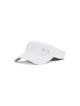 Visera deportiva Under Armour modelo Velociti, color blanco, con logo reflectante en el frente y cierre ajustable con velcro.