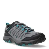 Championes de trekking Merrell Crosslander 3, color gris con detalles en negro y turquesa. Confeccionados en cuero de gamuza y malla transpirable, cuentan con tecnología Air Cushion en el talón para mayor estabilidad y absorción de impactos, además de una suela de goma resistente para terrenos irregulares.