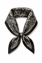 Pañuelo cuadrado de seda con estampado paisley en tonos blanco y negro, con bordes negros sólidos.