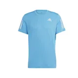 Remera de running Adidas Own The Run para hombre, color celeste con logo y tres tiras blancas en las mangas. Confeccionada con tejido AEROREADY que absorbe la humedad y detalles reflectantes.