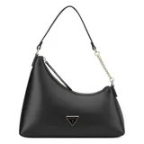Cartera de hombro Guess modelo Eileen, color negro, con diseño asimétrico, cierre superior y detalle de cadena metálica en uno de los laterales. Incluye logo triangular de la marca en la parte frontal.
