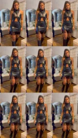 Top negro de cuero sintético con cuello alto, corte irregular en el pecho y espalda descubierta.