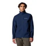 Chaqueta softshell Columbia modelo Ascender, color azul marino, con cuello alto, cierre frontal completo, bolsillo vertical en el pecho y bolsillos laterales con cierre. Presenta puños ajustables y logo de la marca bordado en el pecho.
