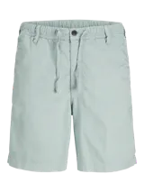 Short tipo chino de fit relajado, color celeste, confeccionado en mezcla de algodón y lino. Presenta cintura elástica con cordón ajustable, cierre frontal con cremallera y botón, y bolsillos laterales y traseros.