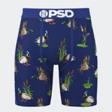 Calzoncillos bóxer de hombre PSD con estampado de patos y vegetación acuática sobre fondo azul. Cintura elástica azul con logo de la marca en blanco.