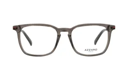 Armazón para anteojos Azzaro, de forma cuadrada, color gris transparente, con detalles en rojo en las esquinas.