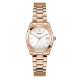 Reloj analógico Guess modelo Alice con caja de 32 mm, esfera blanca con ventana de fecha y malla de acero inoxidable en tono oro rosa.
