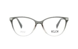 Armazón de anteojos Klix modelo 113AD, con diseño estilo cat-eye en color gris traslúcido con efecto degradado.