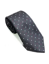 Corbata de seda azul marino con estampado paisley en tonos rosados y blancos.