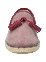 Alpargata RKF modelo Holbox, color rojo, confeccionada en algodón orgánico con suela de yute y goma. Presenta detalle de borlas en el empeine y ribete en tono burdeos.