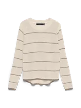 Buzo tejido de manga larga Vero Moda modelo Charity, de color beige con rayas horizontales marrones y cuello redondo.