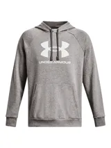 Buzo Under Armour gris melange con capucha y cordones ajustables, logo estampado en el pecho y bolsillo tipo canguro.