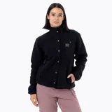 Campera polar sherpa de mujer en color negro, con cuello alto, cierre de botones a presión, bolsillos frontales con refuerzo en nylon y parche con logo de la marca en el pecho.