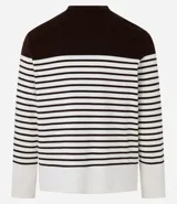 Remera masculina de algodón con cuello redondo y mangas largas. Presenta un diseño a rayas horizontales en blanco y negro, con bloques de color marrón en la parte superior y blanco en la inferior.