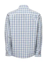 Camisa de manga larga RKF modelo Lighter, confeccionada en algodón orgánico. Presenta un diseño de cuadros en tonos azules y blancos, cuello camisero, cierre frontal con botones, bolsillo en el pecho con logo bordado y corte modern fit.