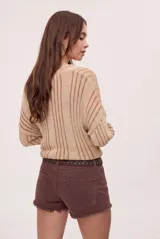 Short de tiro bajo de denim color marrón, con terminación desflecada en el ruedo, bolsillos delanteros, cierre frontal y detalles de tachas en la cintura.