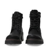 Botas acordonadas de mujer Miss Carol modelo Laurion, color negro, con taco cuadrado texturizado simil madera, suela dentada y detalle de tejido de lana en la parte superior de la caña.